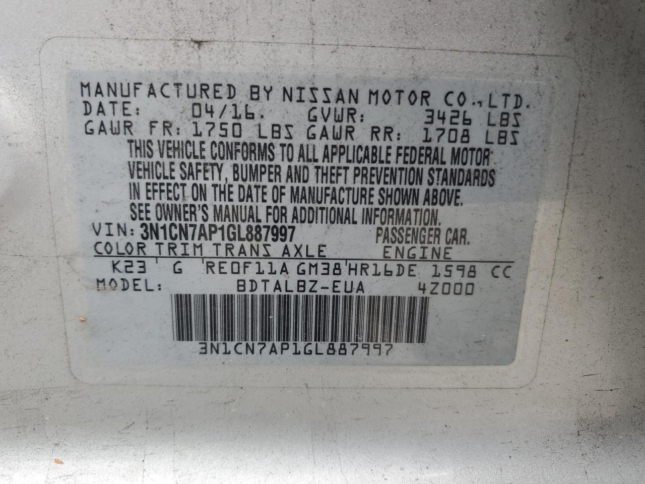 2016 Nissan Versa S VIN: 3N1CN7AP1GL887997 Lot: 69397055