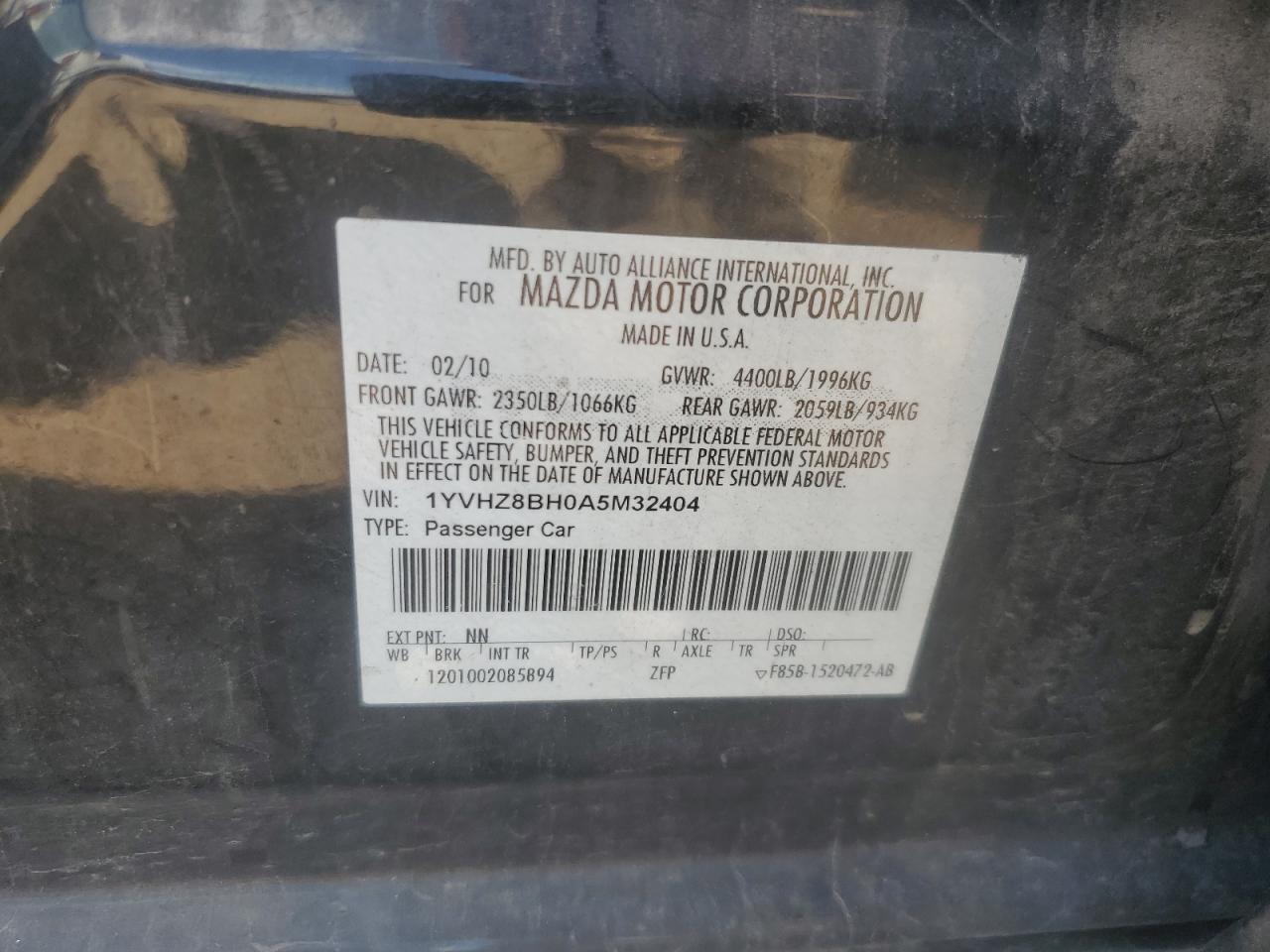 2010 Mazda 6 I VIN: 1YVHZ8BH0A5M32404 Lot: 86709595
