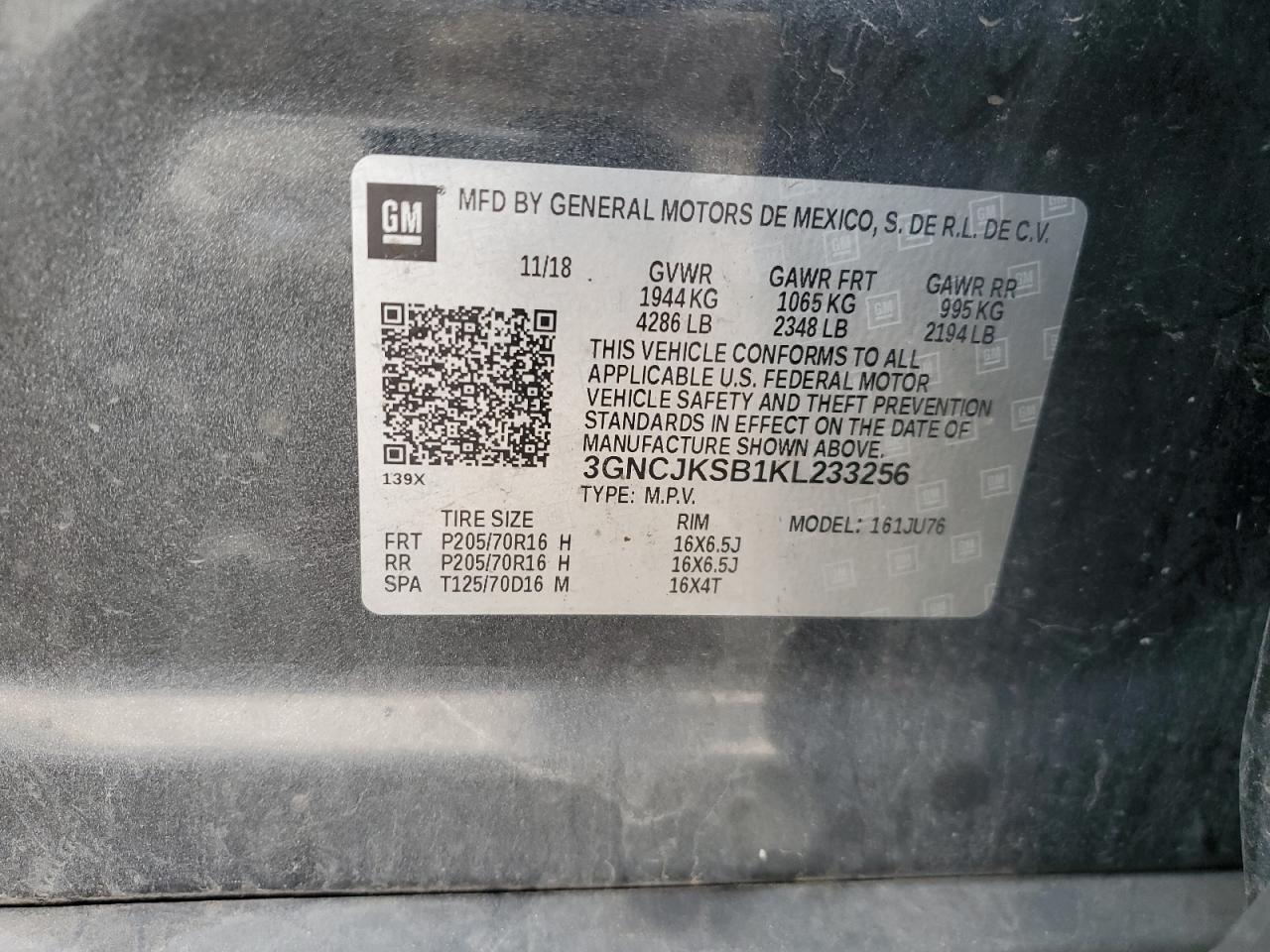 2019 Chevrolet Trax Ls VIN: 3GNCJKSB1KL233256 Lot: 69421755