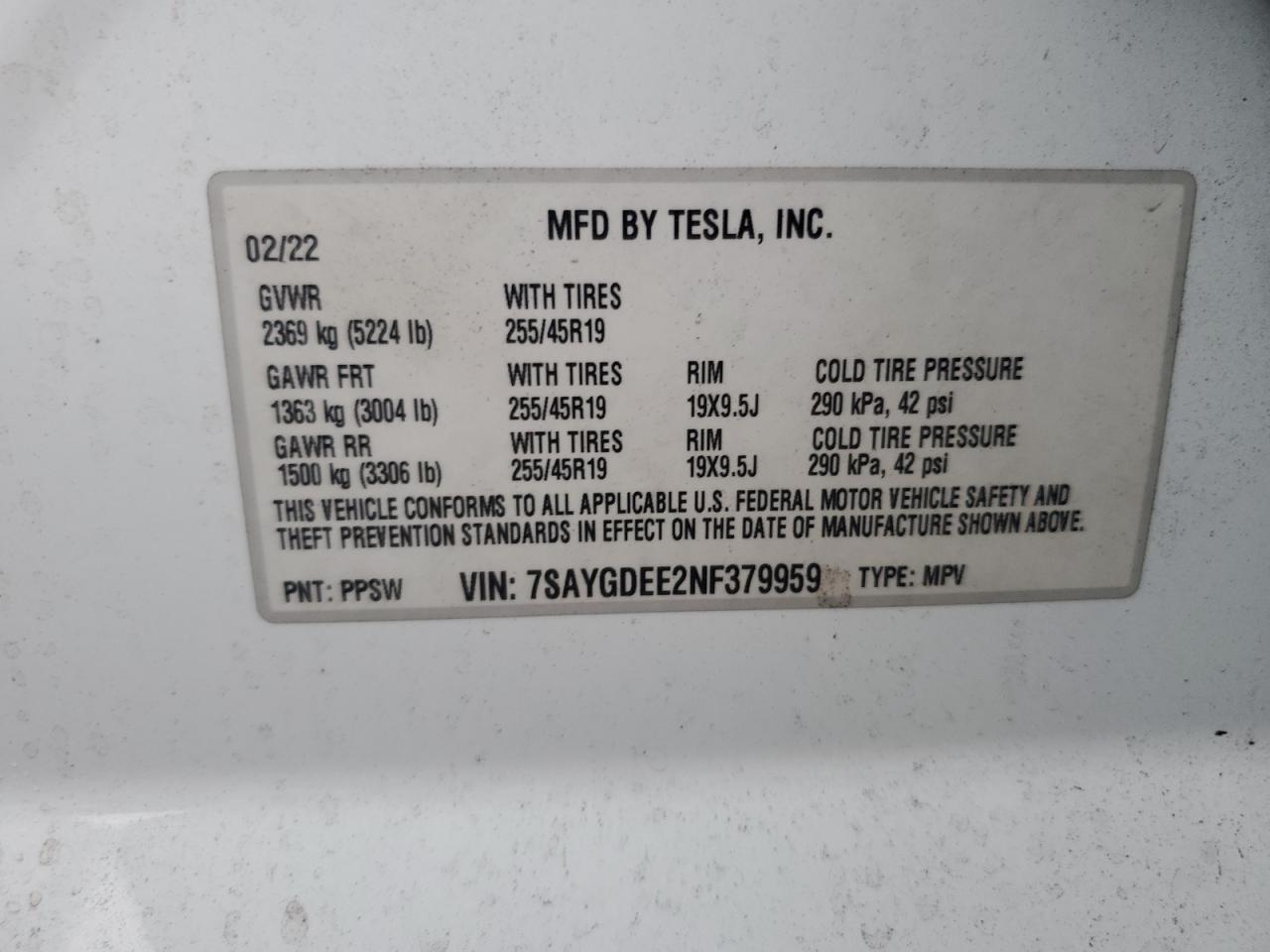 2022 Tesla Model Y VIN: 7SAYGDEE2NF379959 Lot: 68843725
