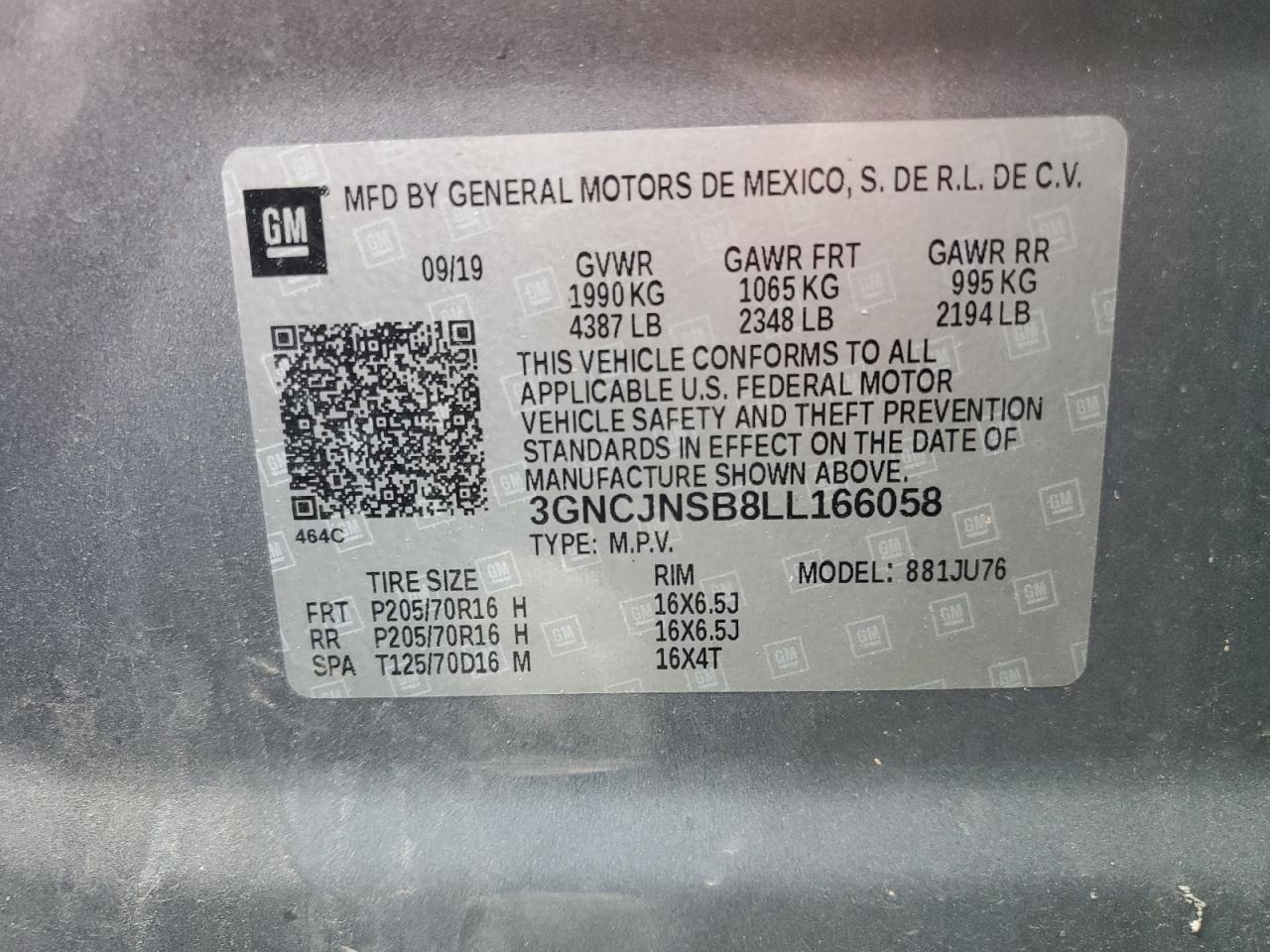 2020 Chevrolet Trax Ls VIN: 3GNCJNSB8LL166058 Lot: 67362375