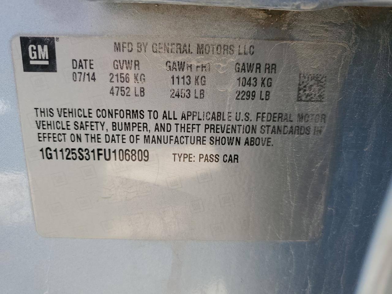 2015 Chevrolet Impala Lt VIN: 1G1125S31FU106809 Lot: 70536485