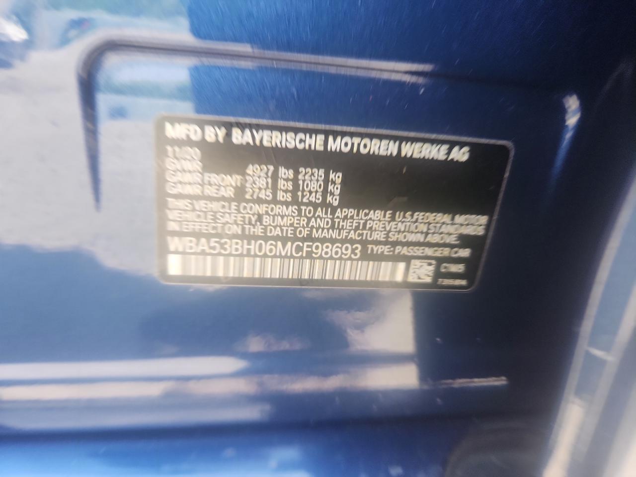 2021 BMW 530 I VIN: WBA53BH06MCF98693 Lot: 69192665