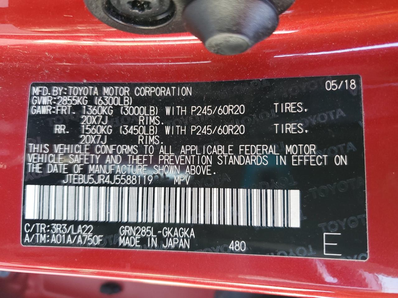 2018 Toyota 4Runner Sr5/Sr5 Premium VIN: JTEBU5JR4J5588119 Lot: 70720335