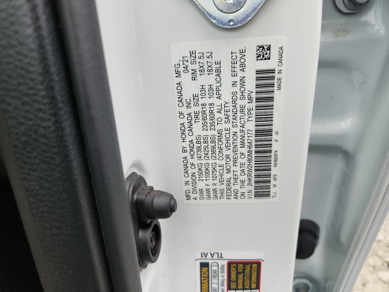 2021 Honda Cr-V Exl VIN: 2HKRW2H80MH647177 Lot: 67265385