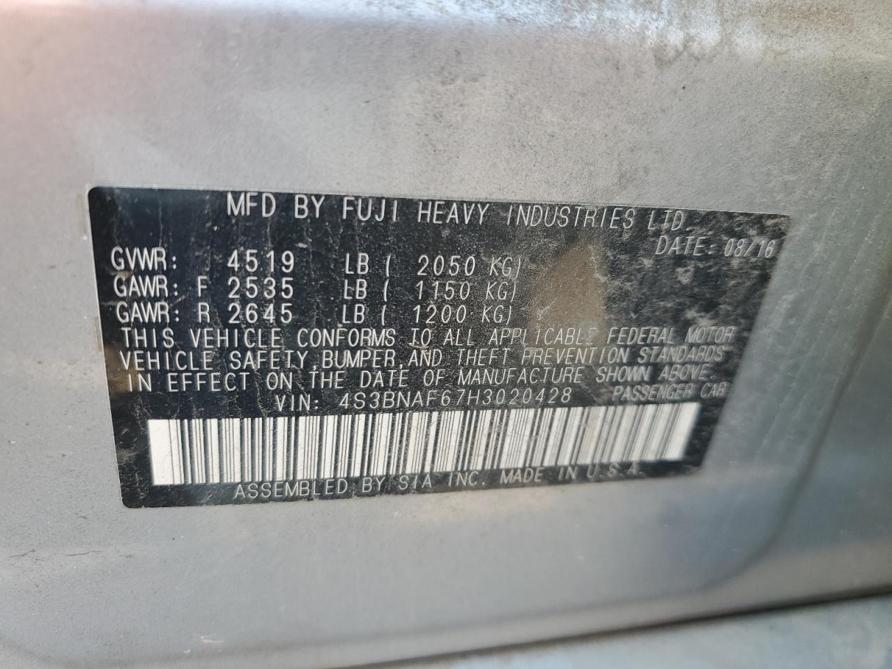 2017 Subaru Legacy 2.5I Premium VIN: 4S3BNAF67H3020428 Lot: 67748635