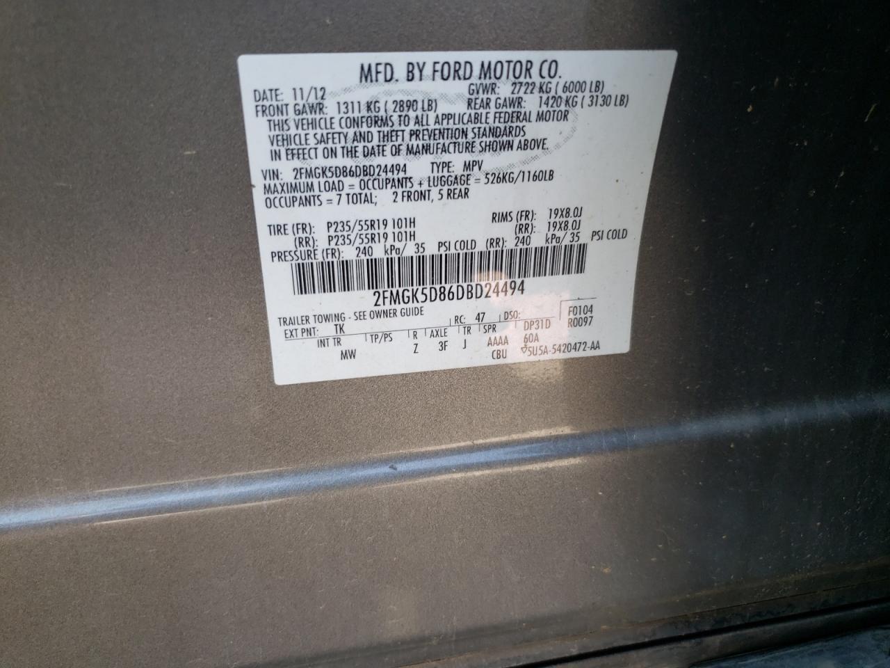 2013 Ford Flex Limited VIN: 2FMGK5D86DBD24494 Lot: 70656665