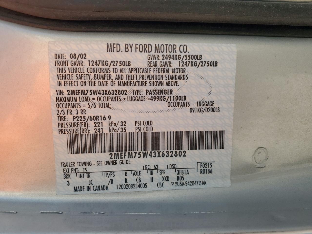 2003 Mercury Grand Marquis Ls VIN: 2MEFM75W43X632802 Lot: 69216735