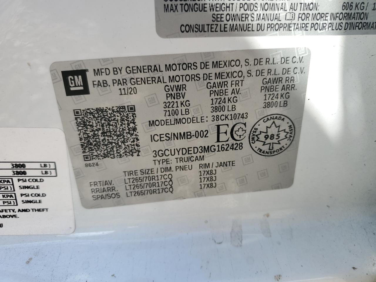 2021 Chevrolet Silverado K1500 Lt VIN: 3GCUYDED3MG162428 Lot: 70496265