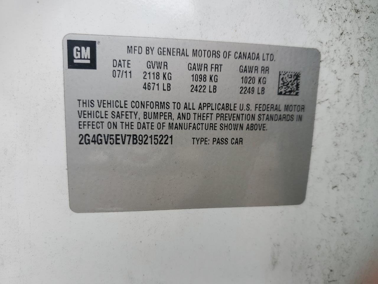 2011 Buick Regal Cxl VIN: 2G4GV5EV7B9215221 Lot: 68895695