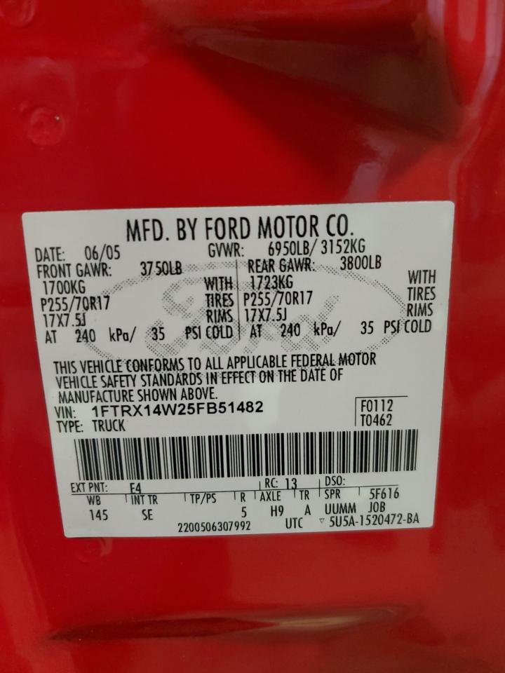 2005 Ford F150 VIN: 1FTRX14W25FB51482 Lot: 69914305