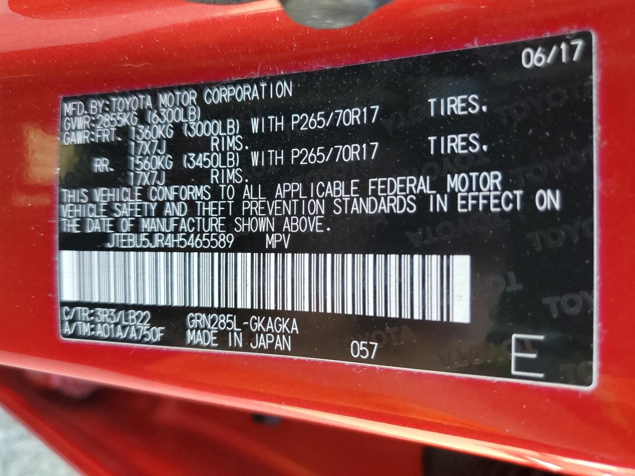 2017 Toyota 4Runner Sr5/Sr5 Premium VIN: JTEBU5JR4H5465589 Lot: 70667275