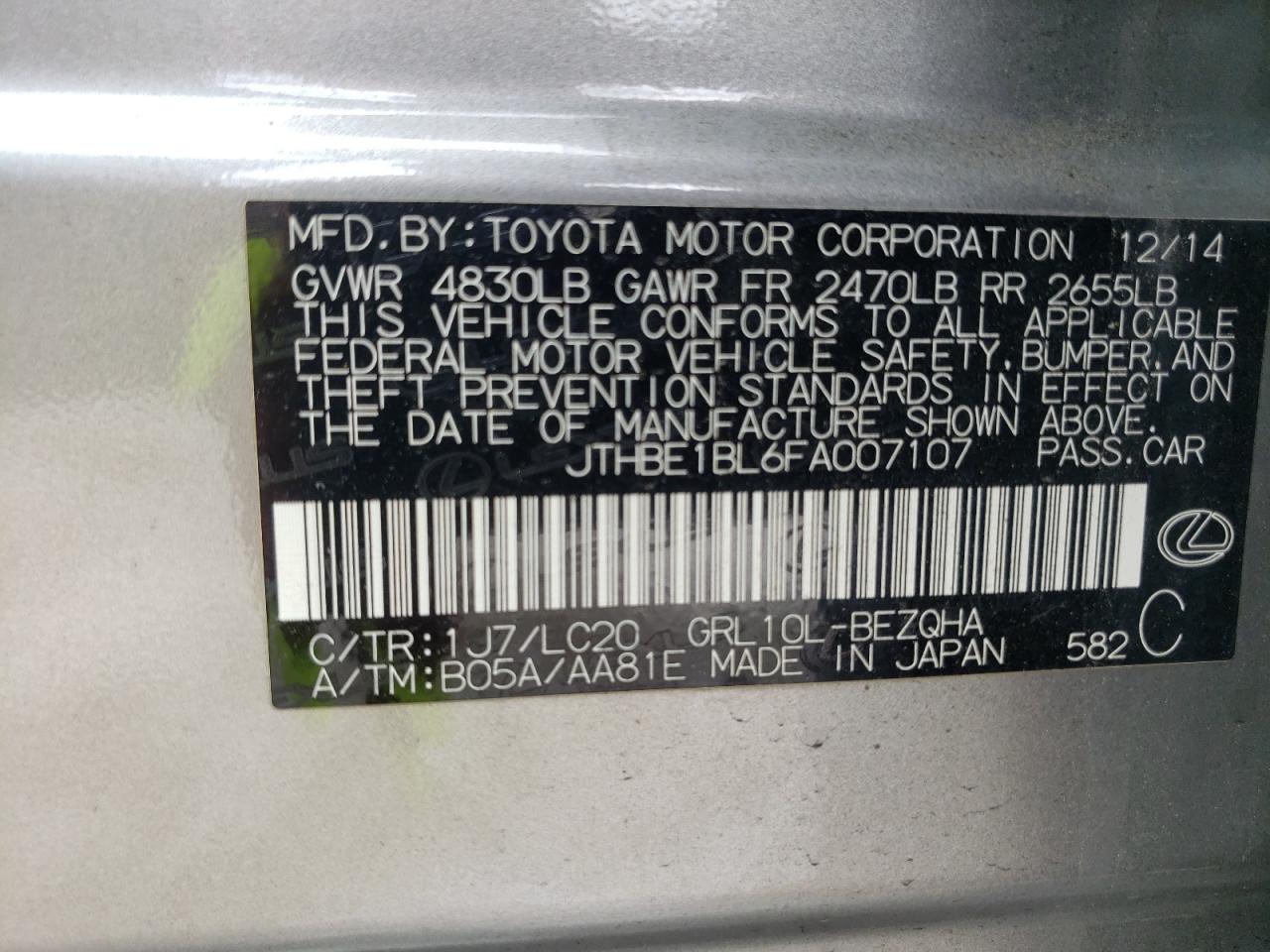 2015 Lexus Gs 350 VIN: JTHBE1BL6FA007107 Lot: 69305425