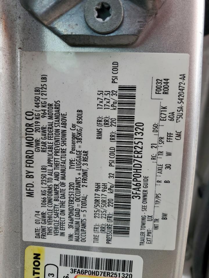 2014 Ford Fusion Se VIN: 3FA6P0HD7ER251320 Lot: 67679695