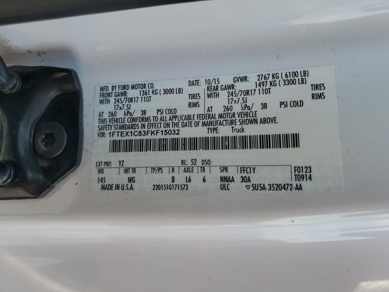 2015 Ford F150 Super Cab VIN: 1FTEX1C83FKF15032 Lot: 68267145
