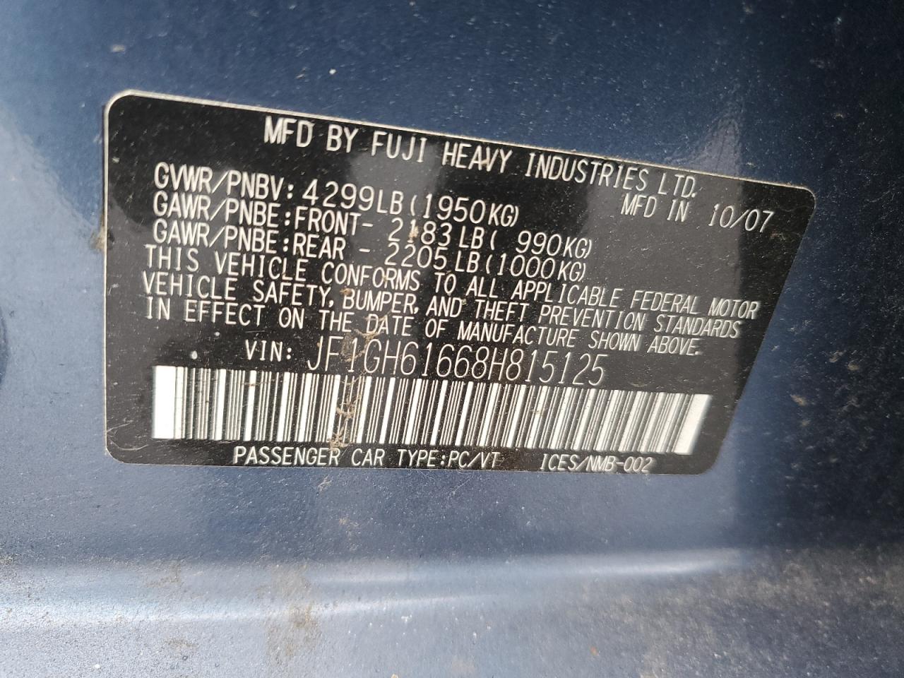 2008 Subaru Impreza 2.5I VIN: JF1GH61668H815125 Lot: 69359085