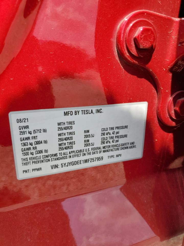 2021 Tesla Model Y VIN: 5YJYGDEE1MF257959 Lot: 68651795