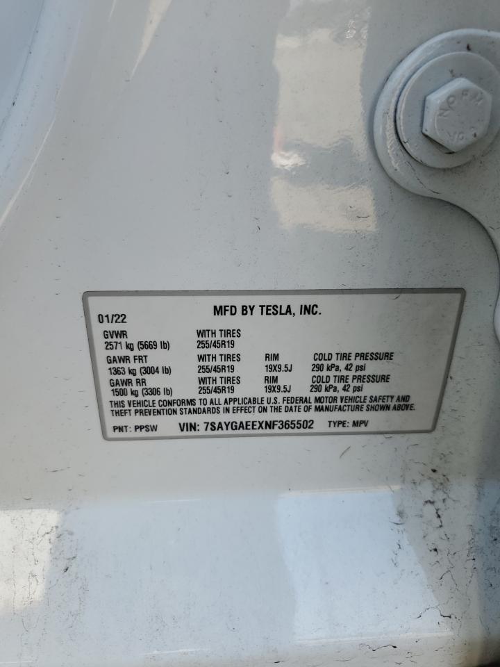 2022 Tesla Model Y VIN: 7SAYGAEEXNF365502 Lot: 68961785