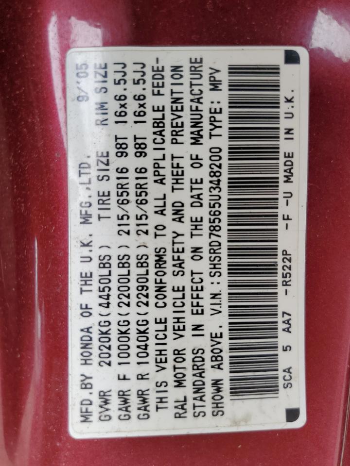 2005 Honda Cr-V Lx VIN: SHSRD78565U348200 Lot: 68302495