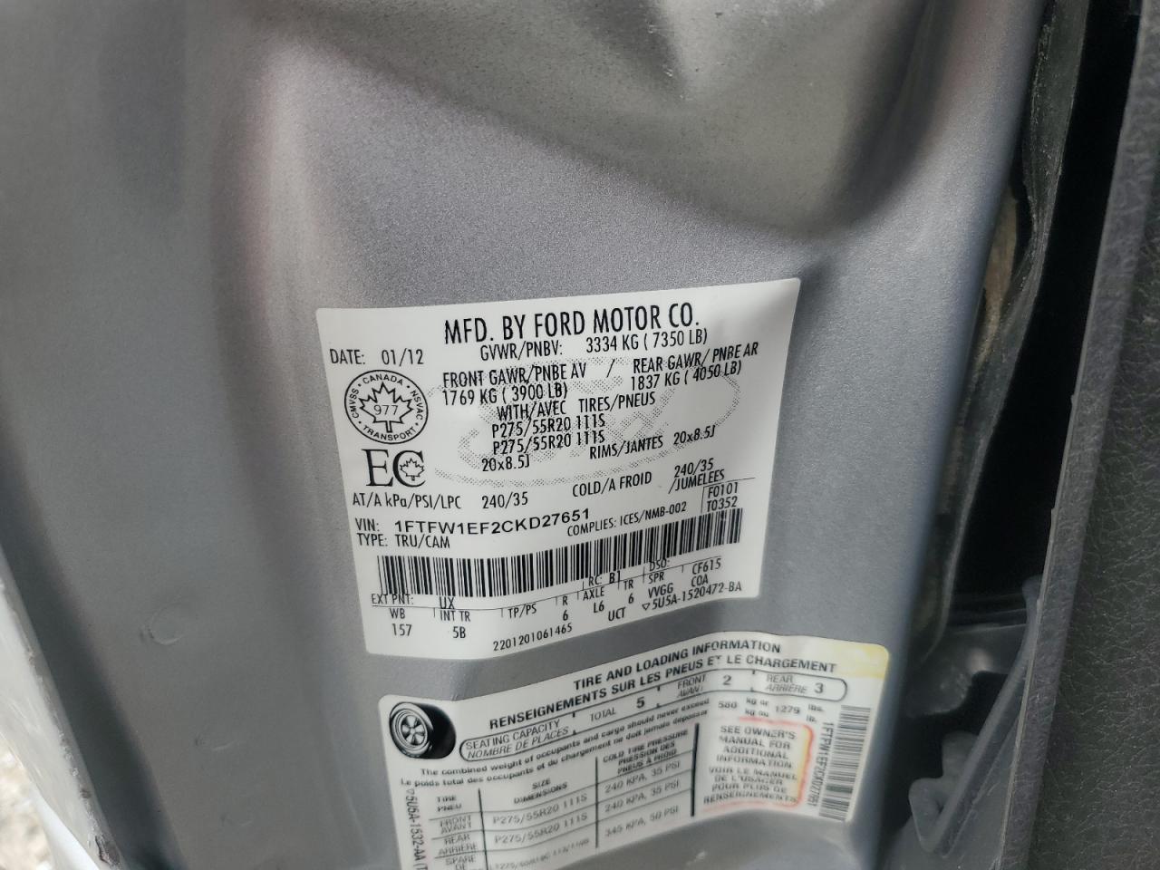 2012 Ford F150 Supercrew VIN: 1FTFW1EF2CKD27651 Lot: 69316495