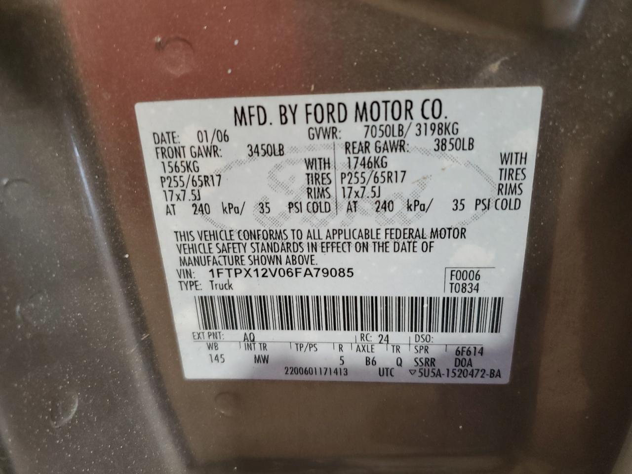 2006 Ford F150 VIN: 1FTPX12V06FA79085 Lot: 69026505