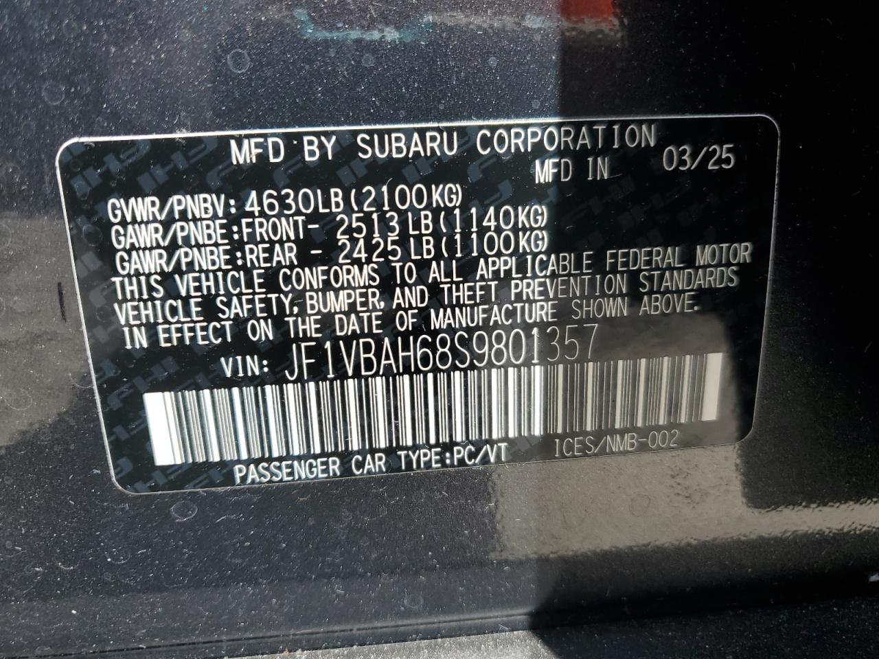 2025 Subaru Wrx Premium VIN: JF1VBAH68S9801357 Lot: 68513685