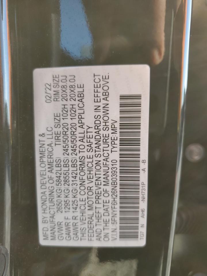 2022 Honda Pilot Se VIN: 5FNYF6H26NB039310 Lot: 69856915