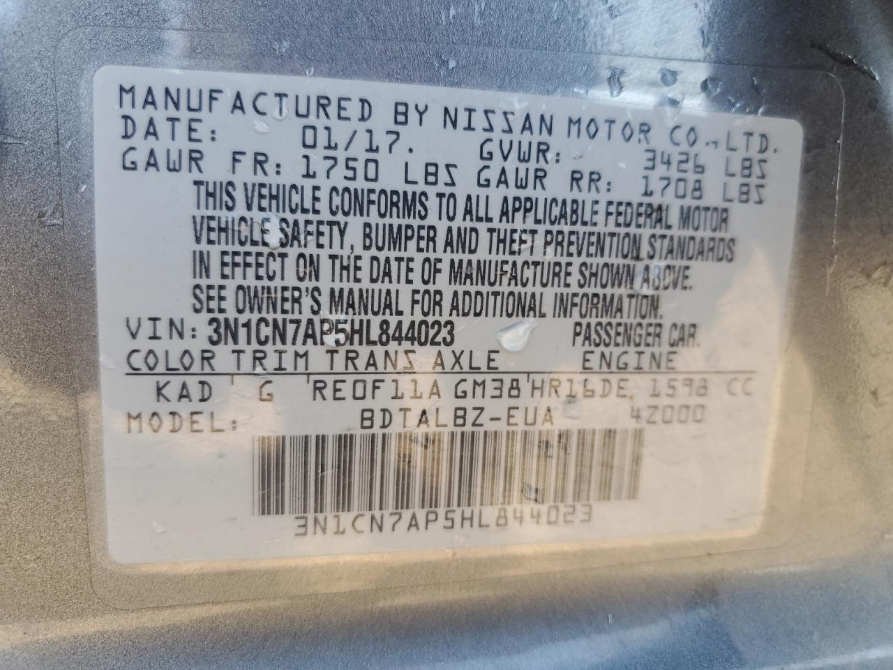 2017 Nissan Versa S VIN: 3N1CN7AP5HL844023 Lot: 68924925