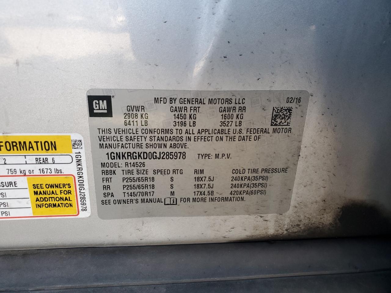 2016 Chevrolet Traverse Lt VIN: 1GNKRGKD0GJ285978 Lot: 67775675