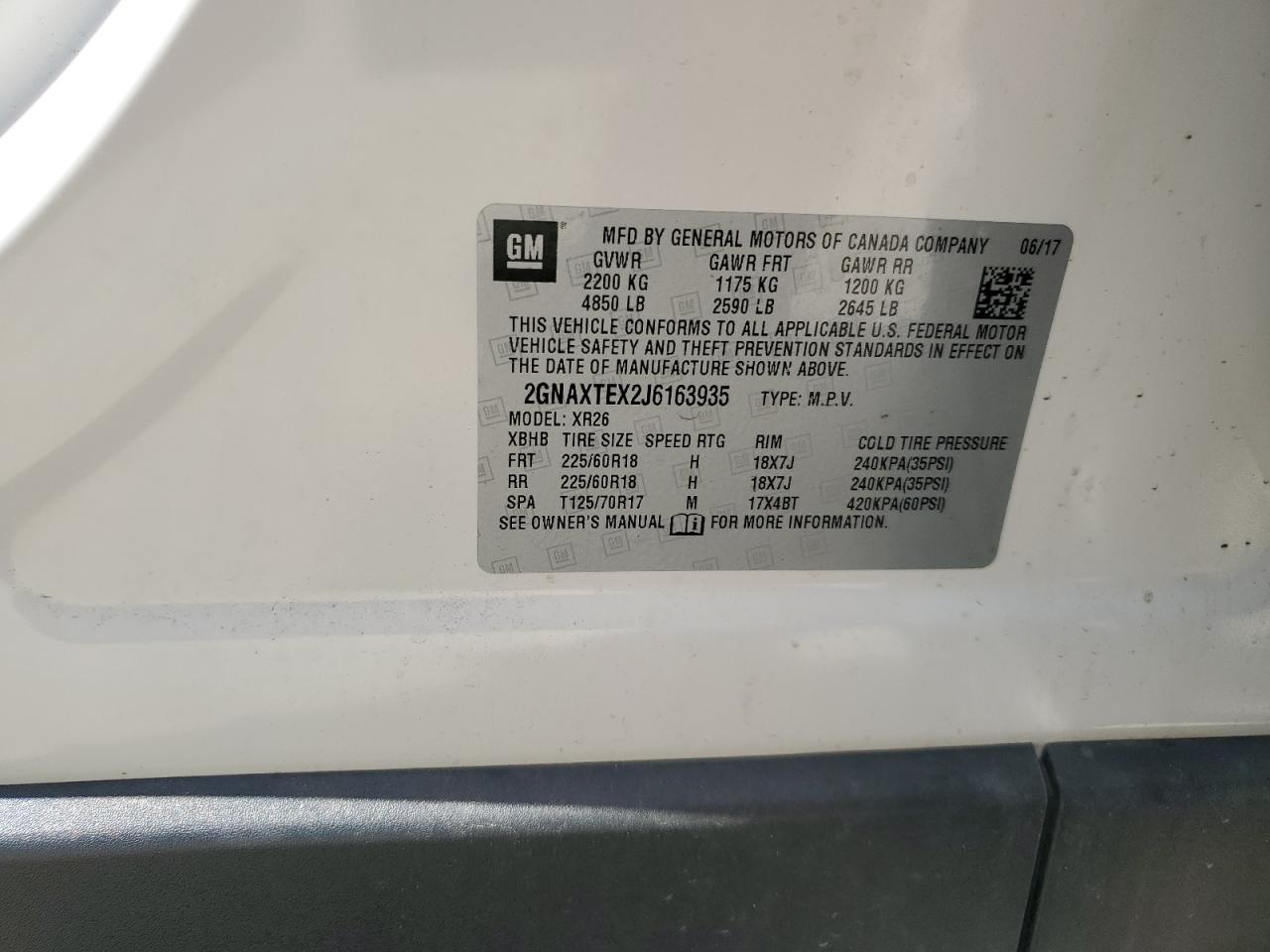2018 Chevrolet Equinox Lt VIN: 2GNAXTEX2J6163935 Lot: 70059965