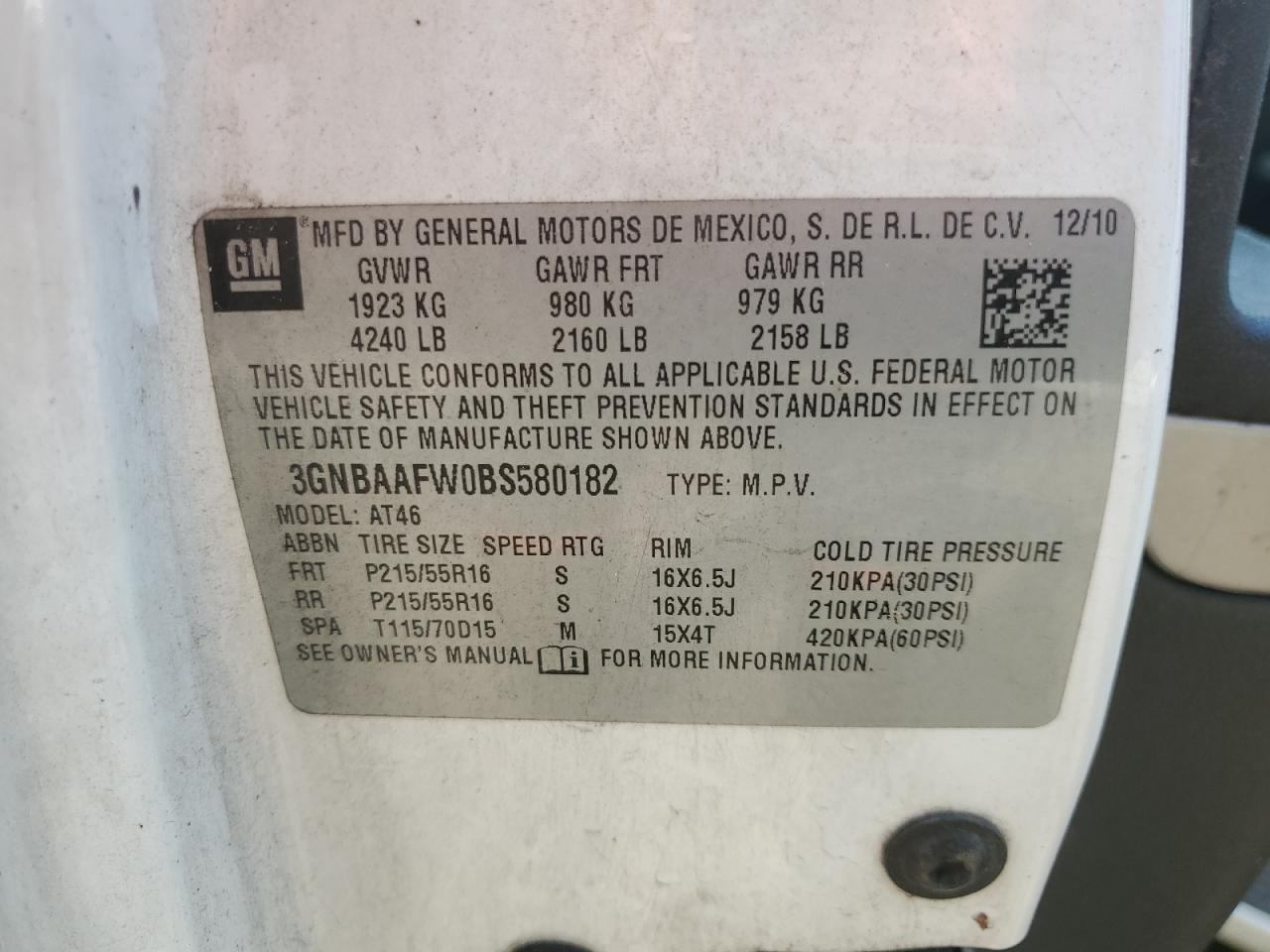 2011 Chevrolet Hhr Ls VIN: 3GNBAAFW0BS580182 Lot: 67934945