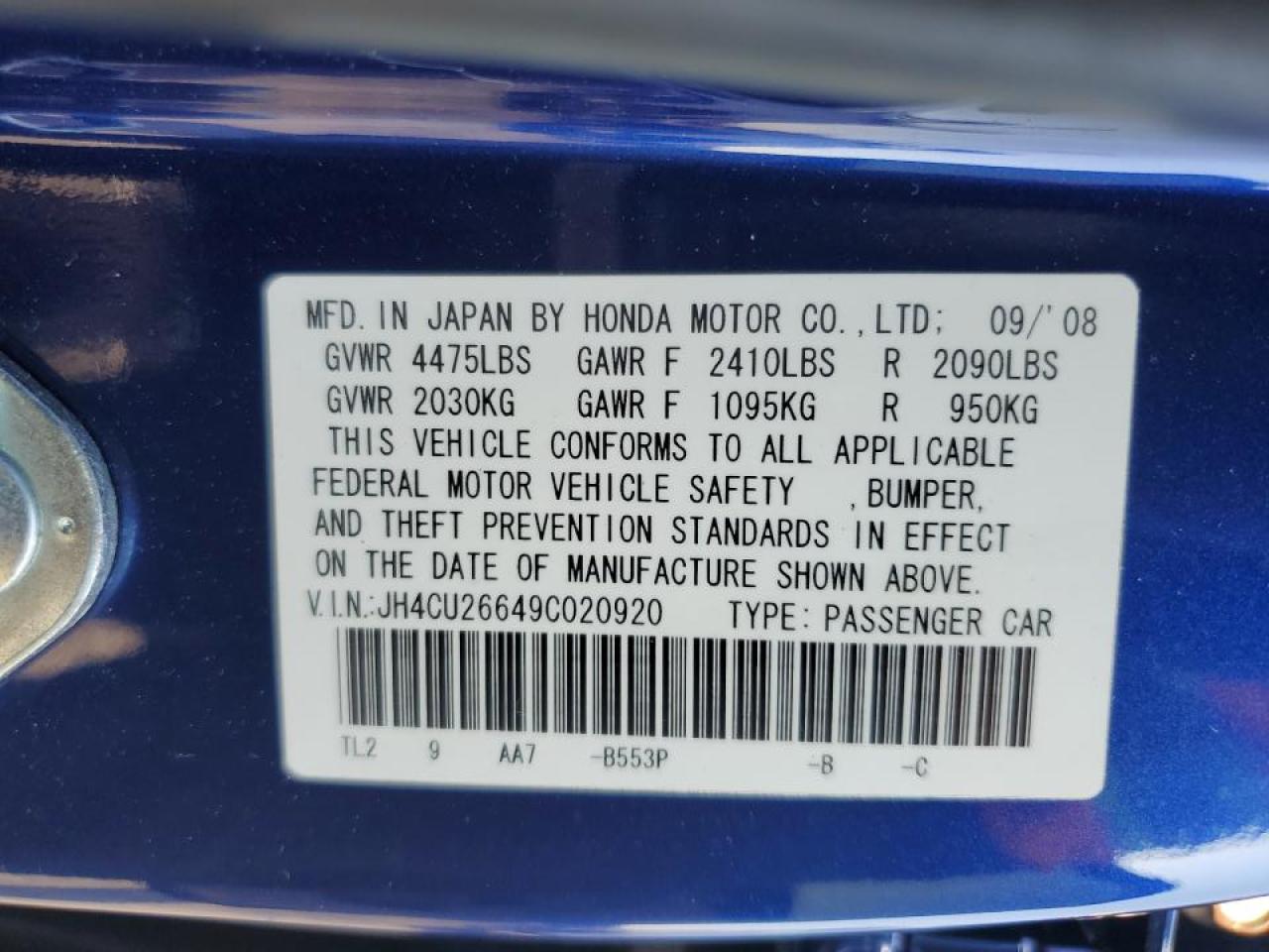 2009 Acura Tsx VIN: JH4CU26649C020920 Lot: 66851655