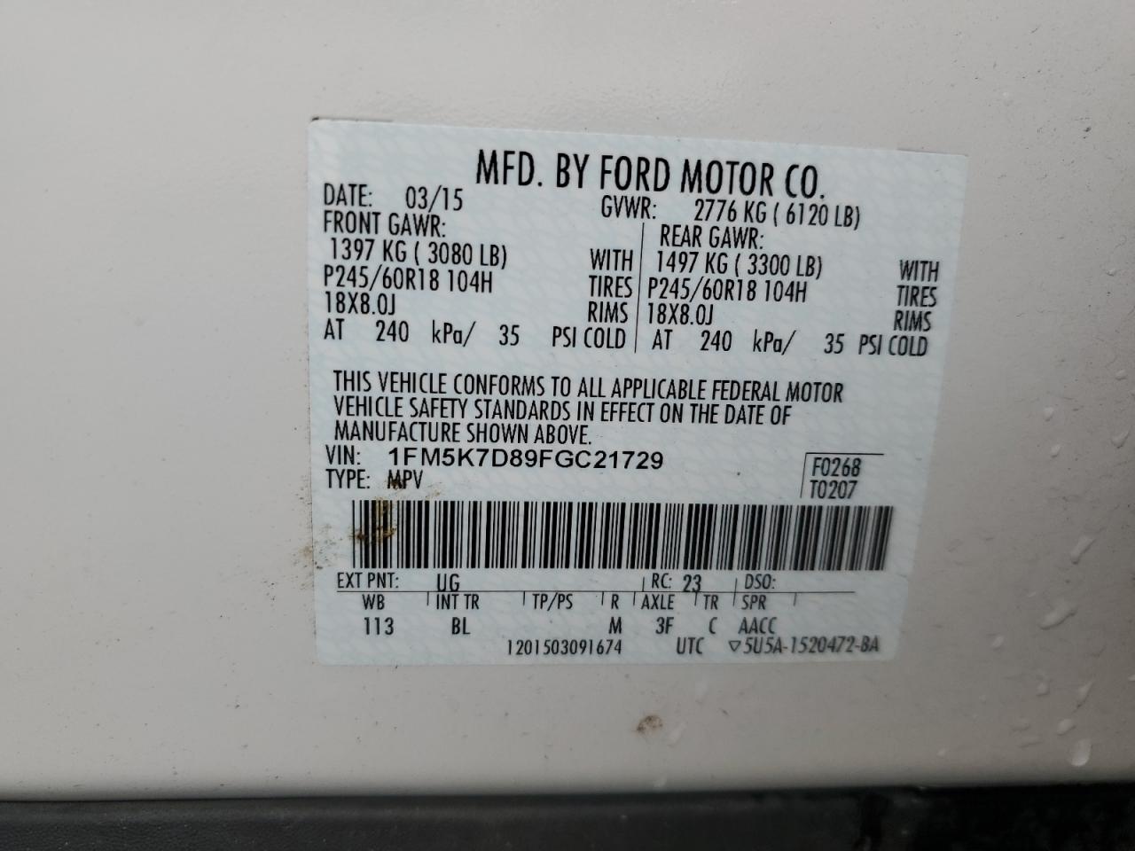 2015 Ford Explorer Xlt VIN: 1FM5K7D89FGC21729 Lot: 68127835