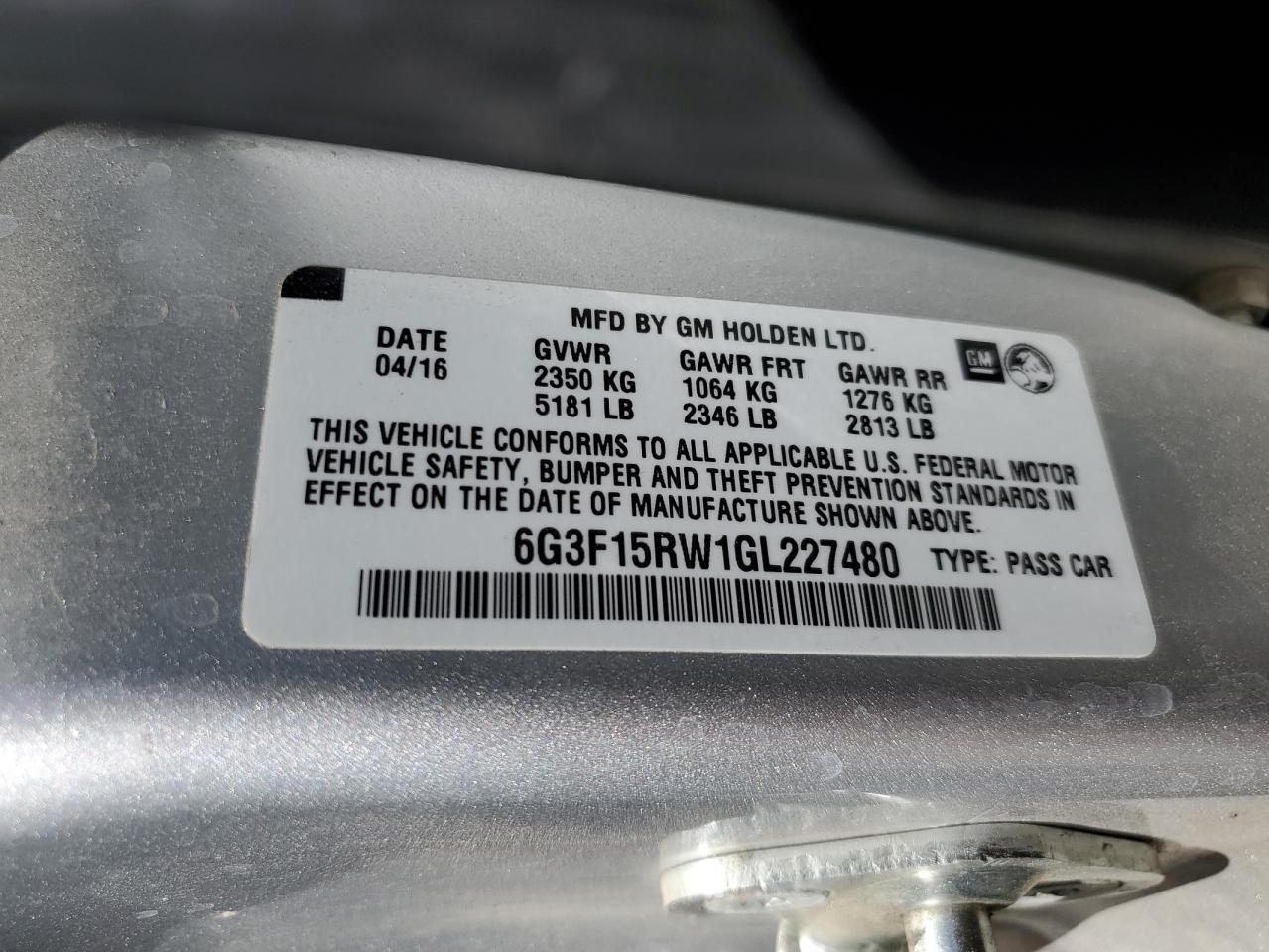 2016 Chevrolet Ss VIN: 6G3F15RW1GL227480 Lot: 63702795