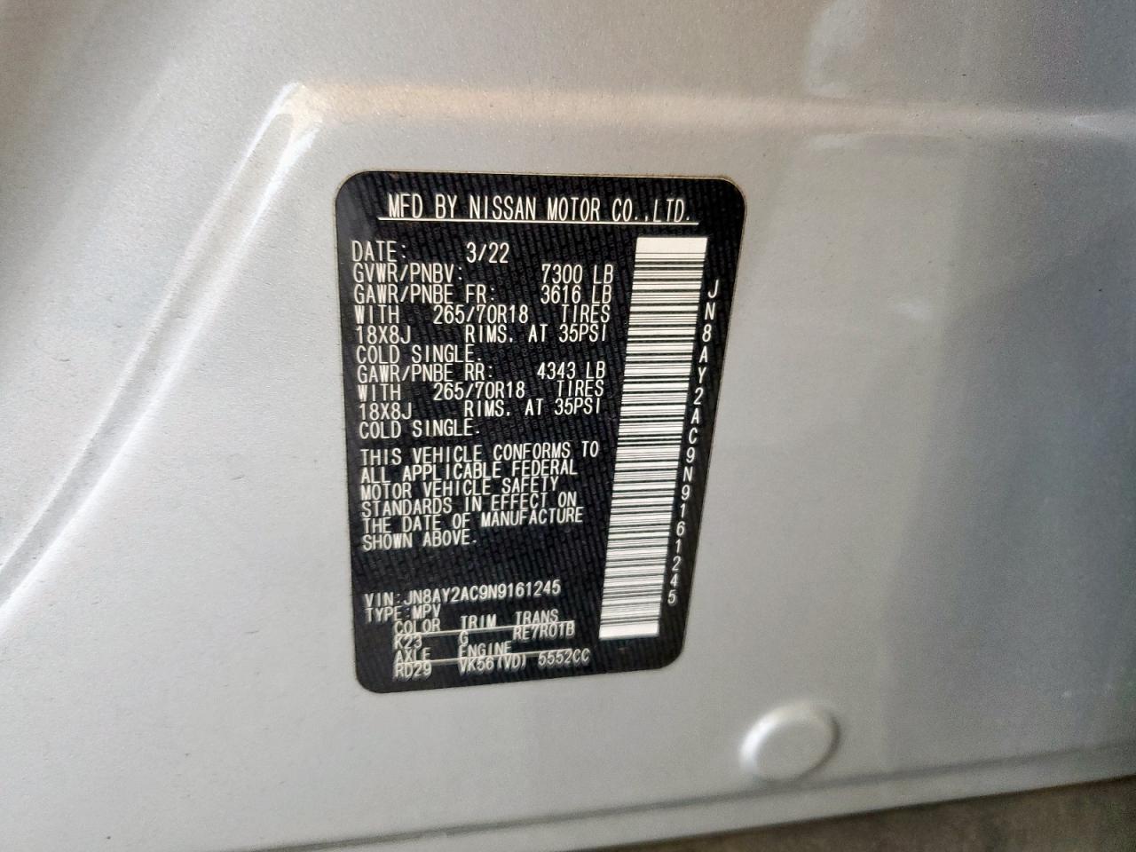 2022 Nissan Armada S VIN: JN8AY2AC9N9161245 Lot: 68588835