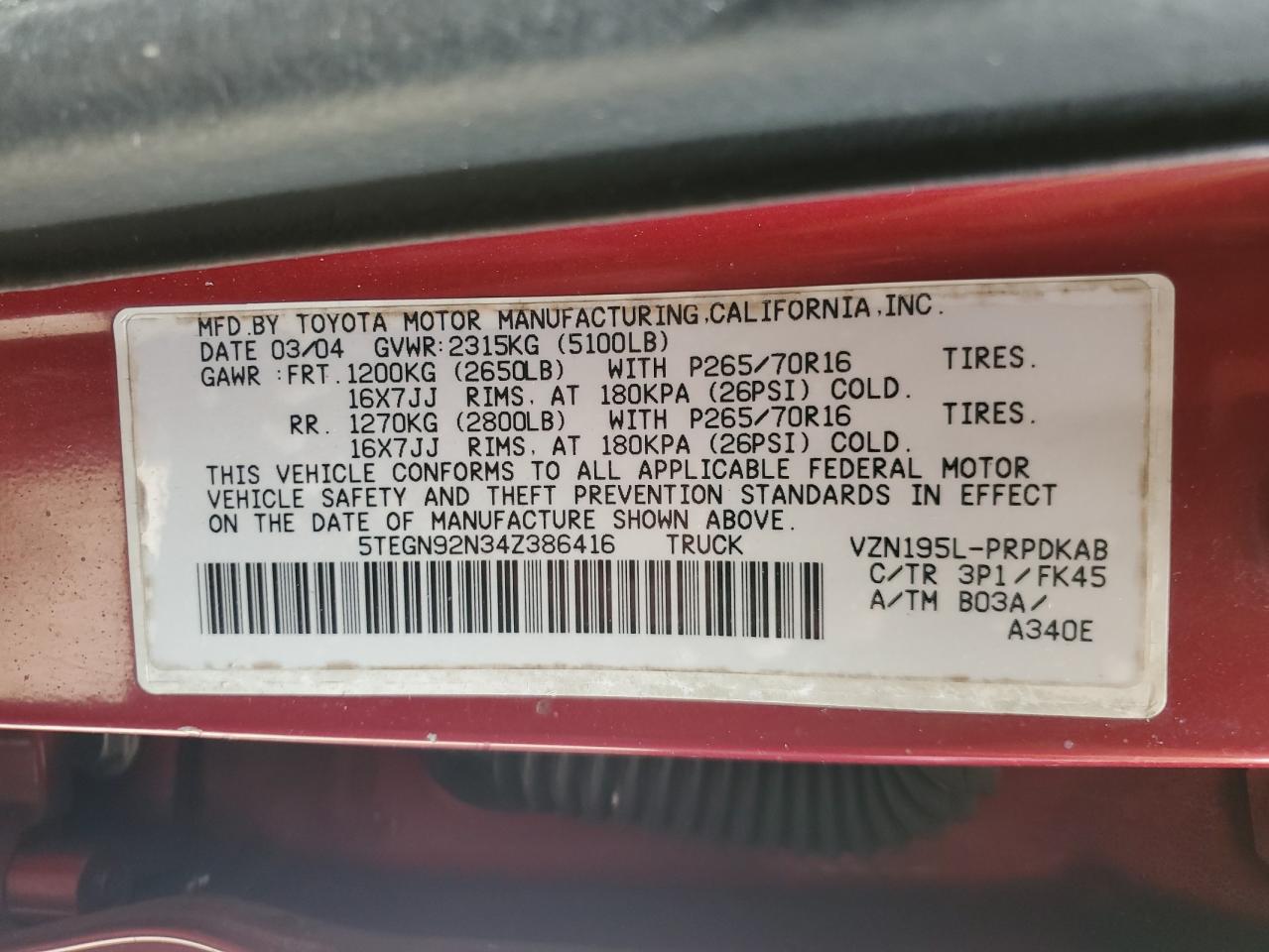 2004 Toyota Tacoma Double Cab Prerunner VIN: 5TEGN92N34Z386416 Lot: 70041085