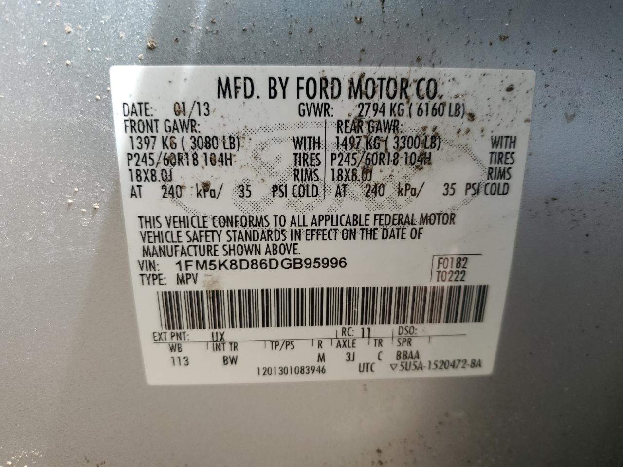 2013 Ford Explorer Xlt VIN: 1FM5K8D86DGB95996 Lot: 71113785