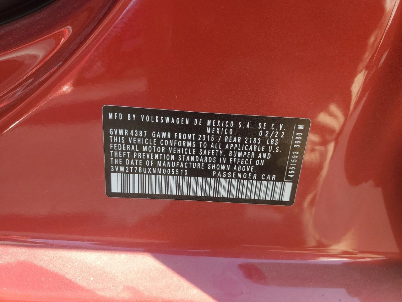 2022 Volkswagen Jetta Gli Autobahn VIN: 3VW2T7BUXNM005510 Lot: 70777205