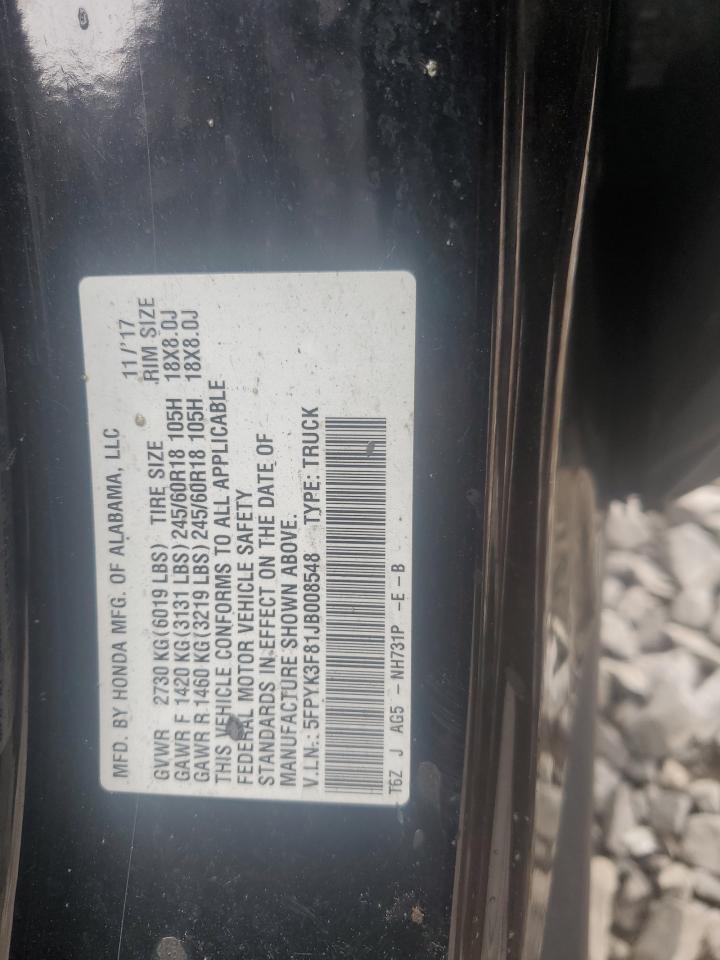 2018 Honda Ridgeline Black Edition VIN: 5FPYK3F81JB008548 Lot: 68811485