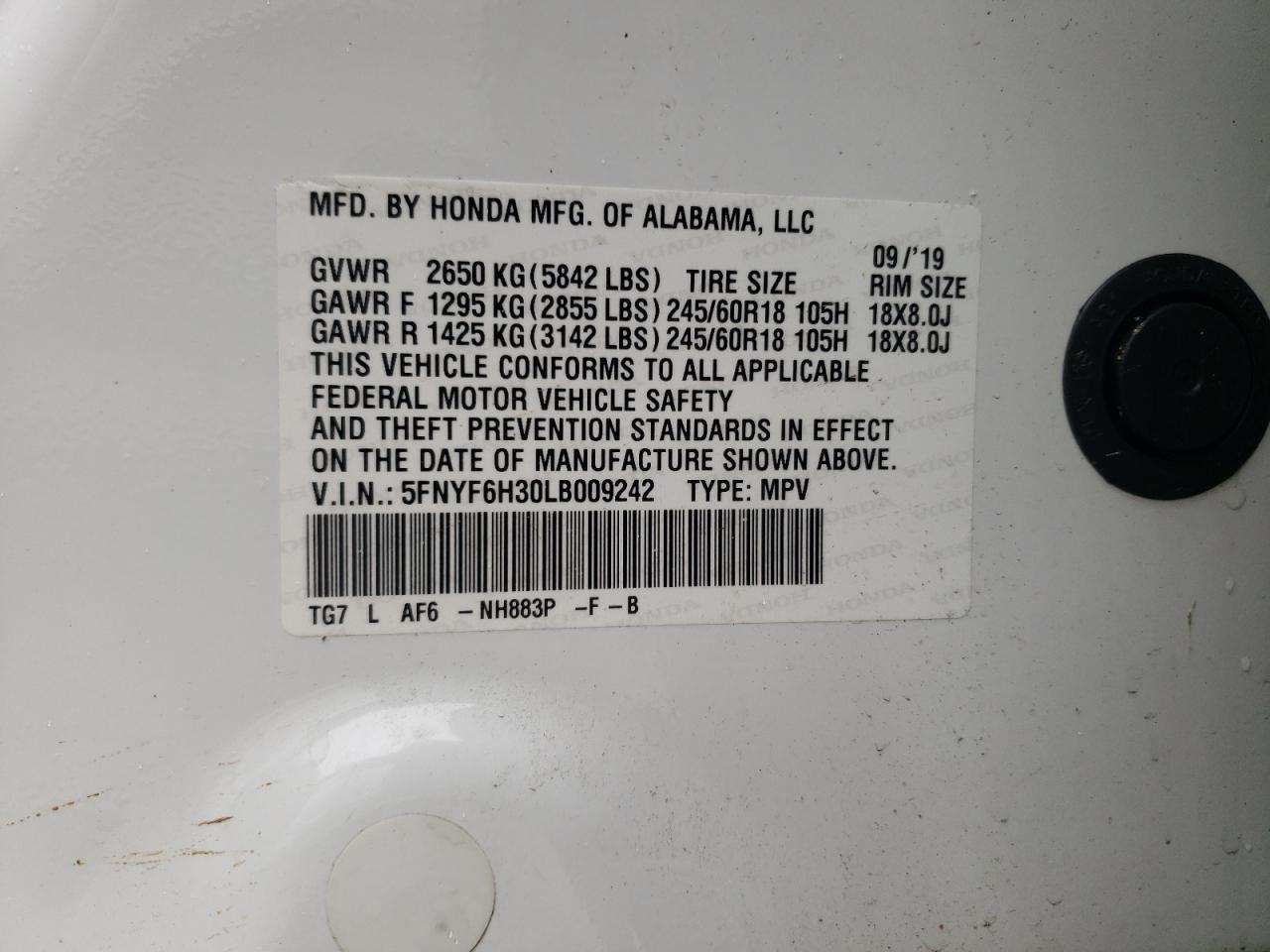 2020 Honda Pilot Ex VIN: 5FNYF6H30LB009242 Lot: 68619865