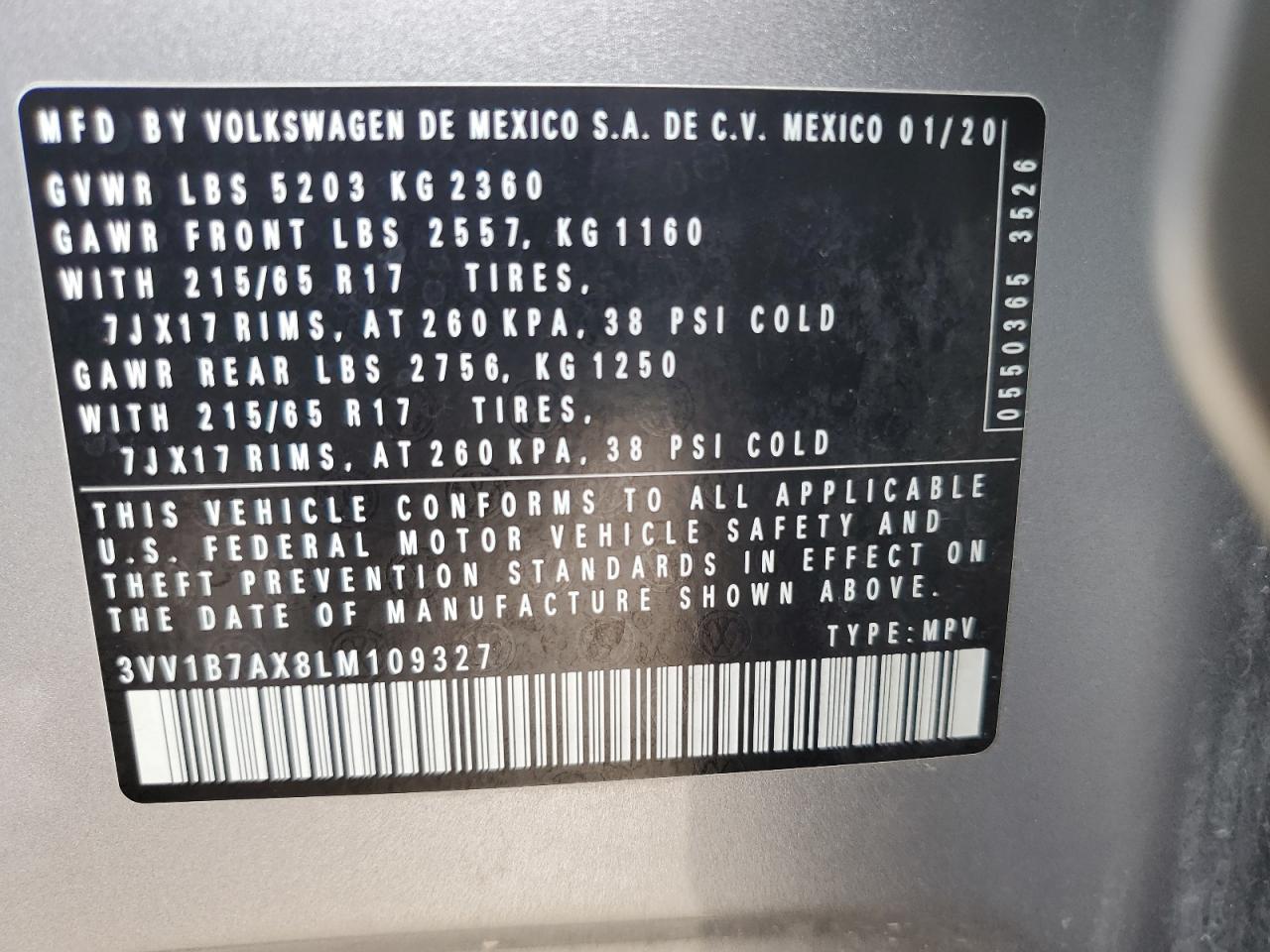 2020 Volkswagen Tiguan S VIN: 3VV1B7AX8LM109327 Lot: 68051865