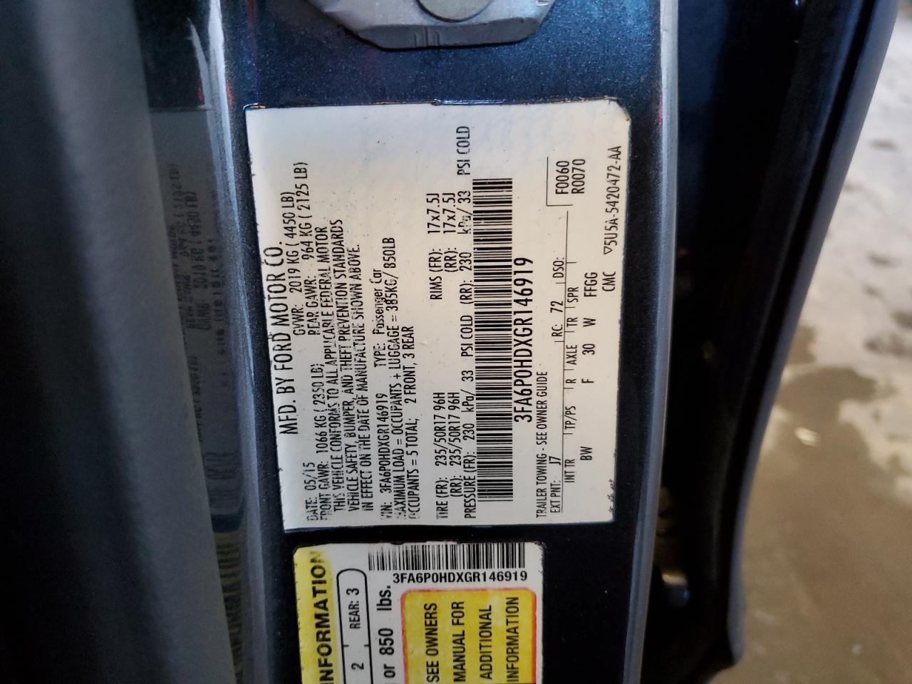 2016 Ford Fusion Se VIN: 3FA6P0HDXGR146919 Lot: 70361805