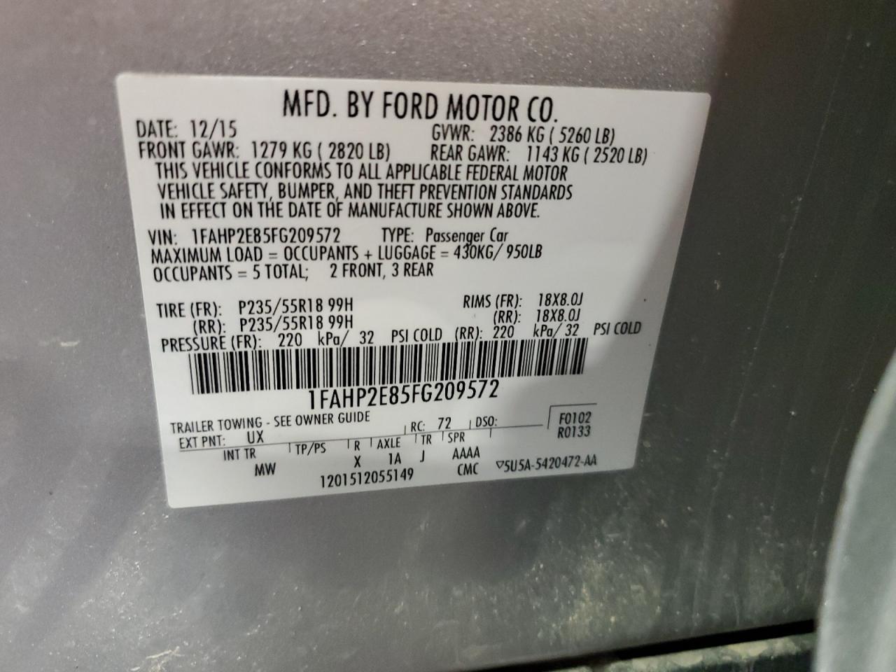 2015 Ford Taurus Sel VIN: 1FAHP2E85FG209572 Lot: 68543545