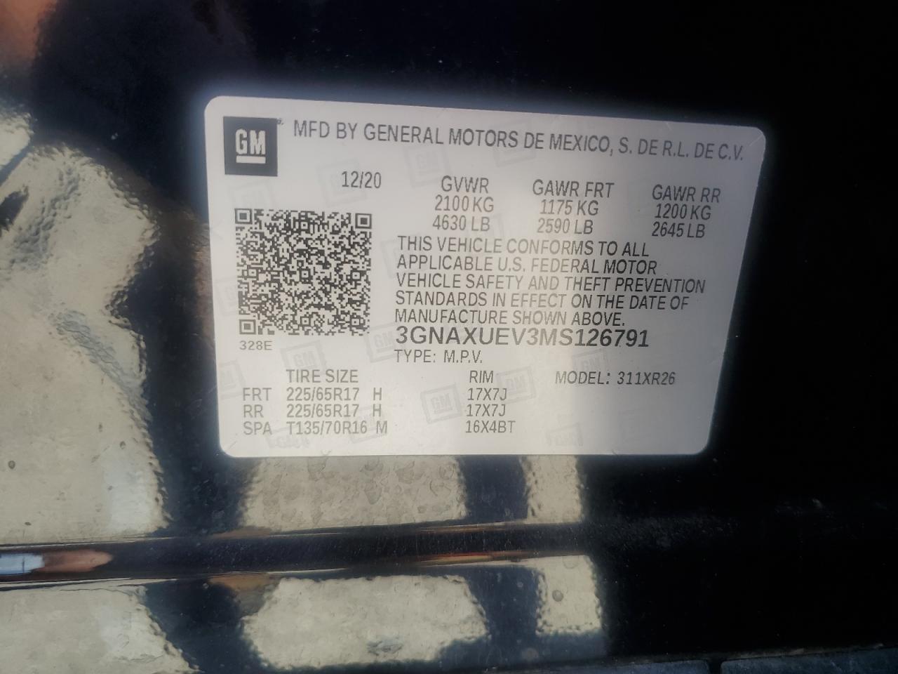 2021 Chevrolet Equinox Lt VIN: 3GNAXUEV3MS126791 Lot: 68923335