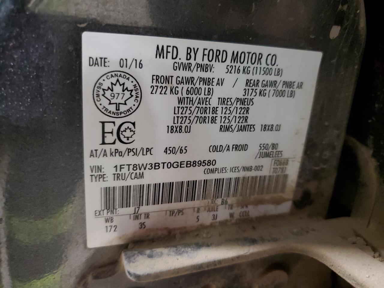 2016 Ford F350 Super Duty VIN: 1FT8W3BT0GEB89580 Lot: 69356565