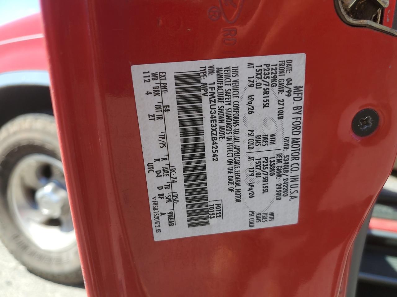 1999 Ford Explorer VIN: 1FMZU34E3XZB42542 Lot: 66408025