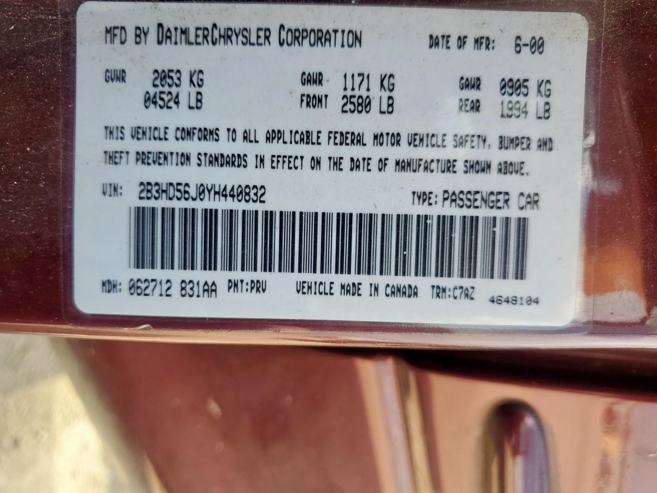 2000 Dodge Intrepid Es VIN: 2B3HD56J0YH440832 Lot: 68103075