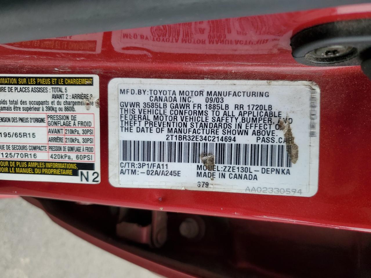 2004 Toyota Corolla Ce VIN: 2T1BR32E34C214694 Lot: 67116195