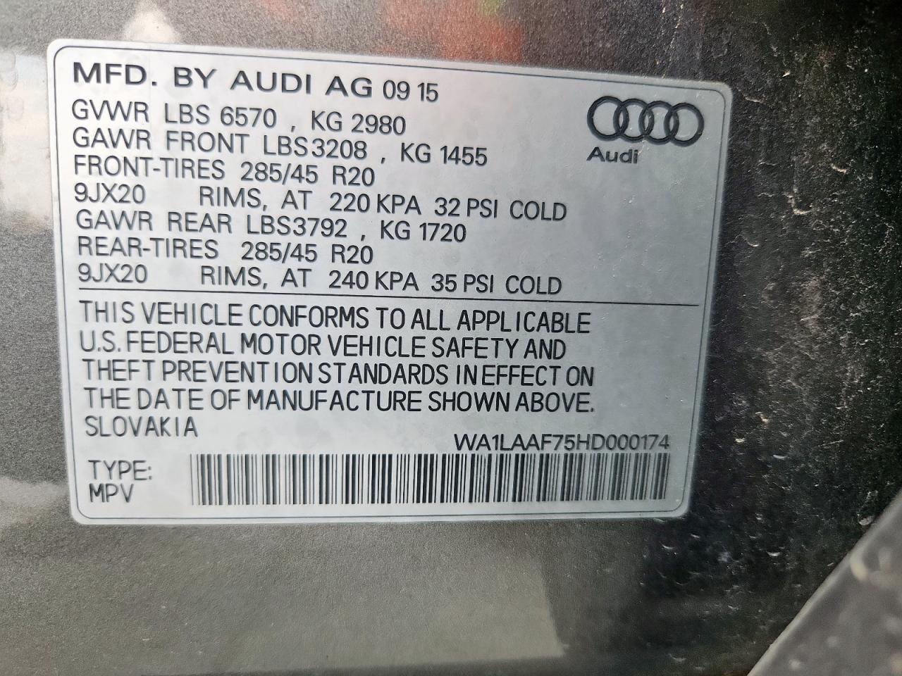 2017 Audi Q7 Premium Plus VIN: WA1LAAF75HD000174 Lot: 70449875