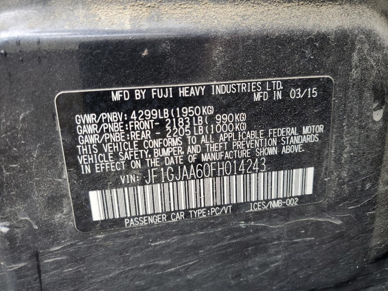 2015 Subaru Impreza VIN: JF1GJAA60FH014243 Lot: 70844885